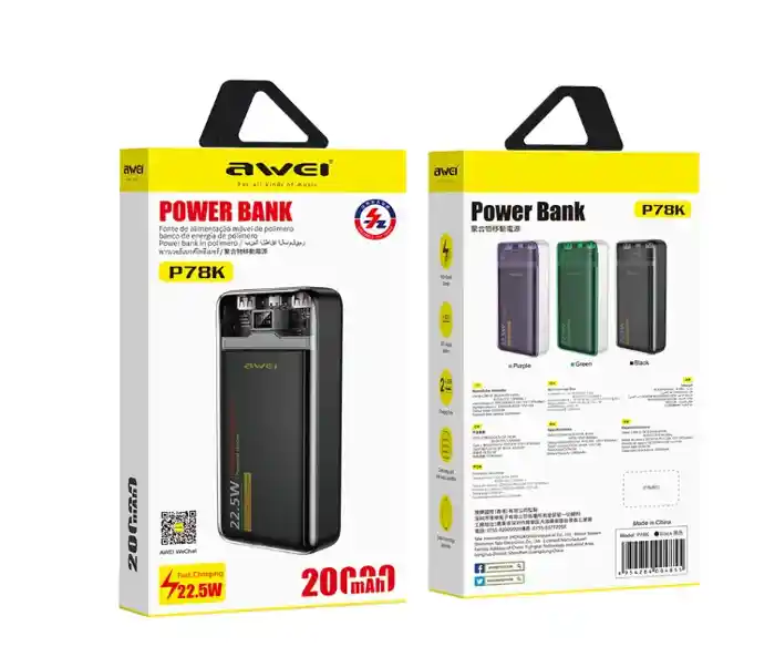 Awei P78K 20000mAh Power bank 22.5W Super-Fast Charging Transparent Power Bank 2 USB Ports LED Display Long Battery Life